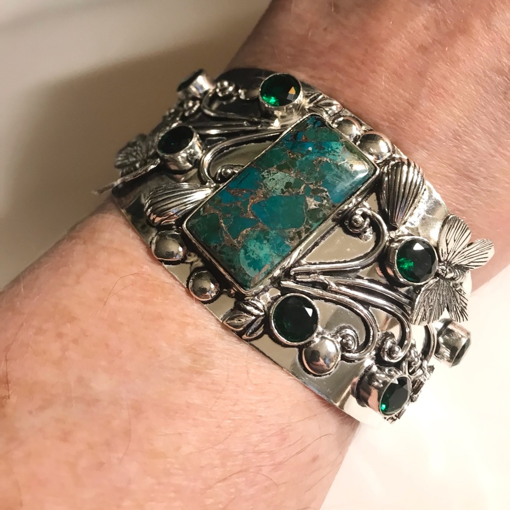 Turquoise Chrome Diopside Stamped 925 Sterling Silver Cuff Bracelet